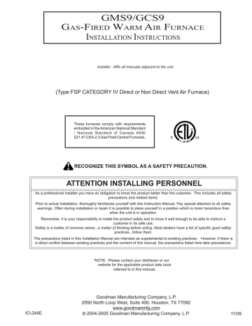 GOODMAN GMS9 Installation Instructions Manual | Manualzz