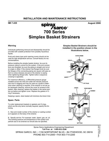 Spirax Sarco 700 Series Simplex Basket Strainers Installation and Maintenance Instructions | Manualzz