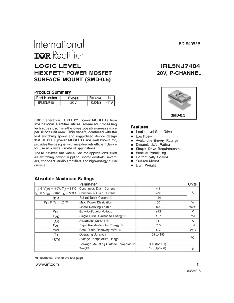 Hexfet Power Mosfet v P Channel Surface Mount Smd 0 5 Manualzz