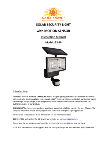 Gama Sonic GS-10 160° Black Outdoor Solar Powered Security Light with Motion Sensor manual | Manualzz