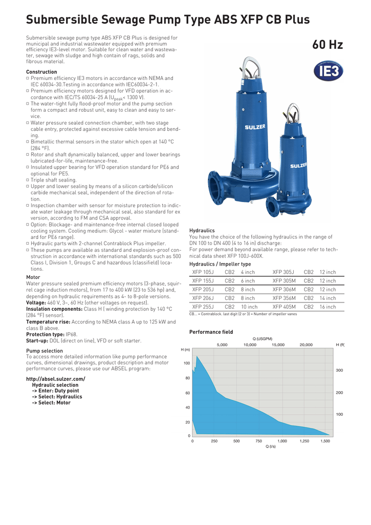 Technical Data Sheet Submersible sewage pumpe type ABS XFP CB2 plus 60 Hz Manualzz
