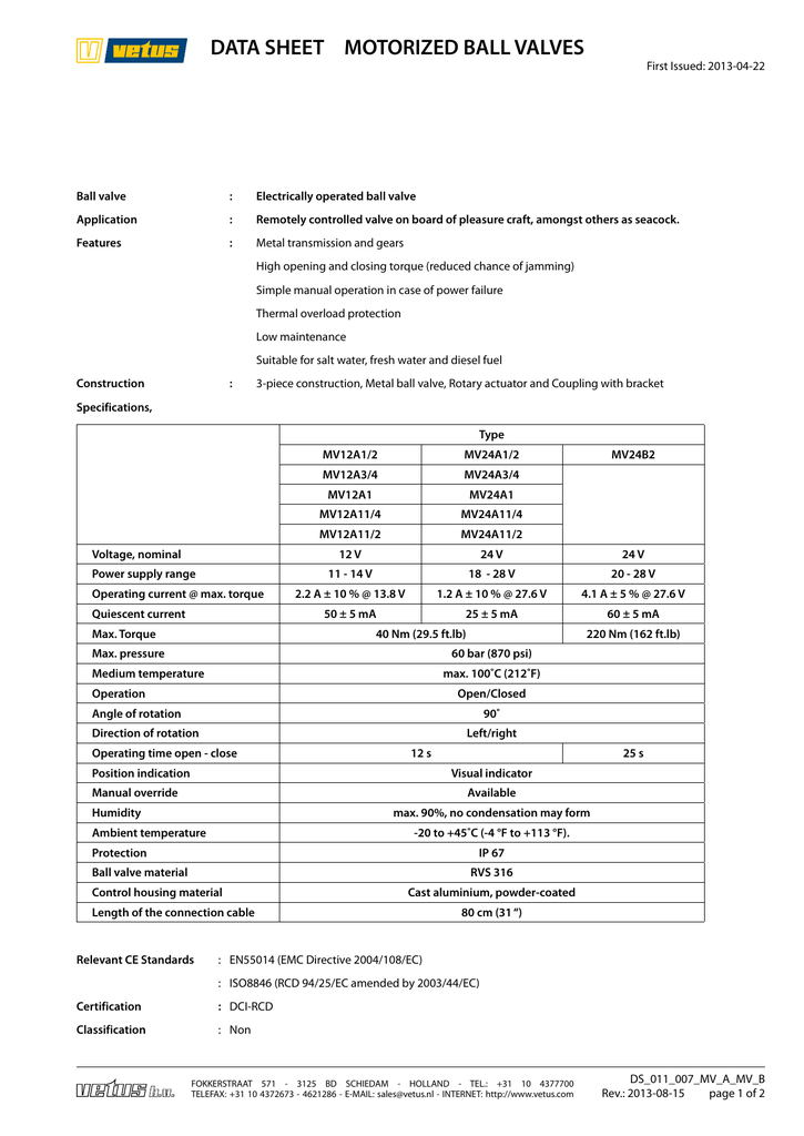 MVA, MVB motorized ball valve data sheet (EN) | Manualzz