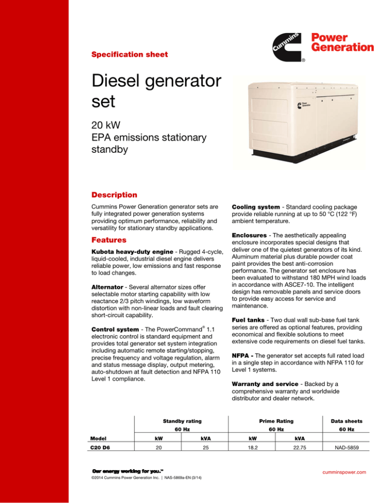 To the Specification Sheet for the Cummins Diesel Generator 20 kW