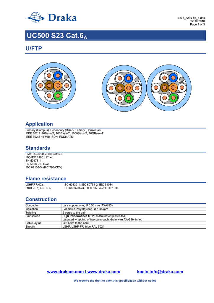 Installation cable Draka UC400 Cat.6 Installation cable Draka