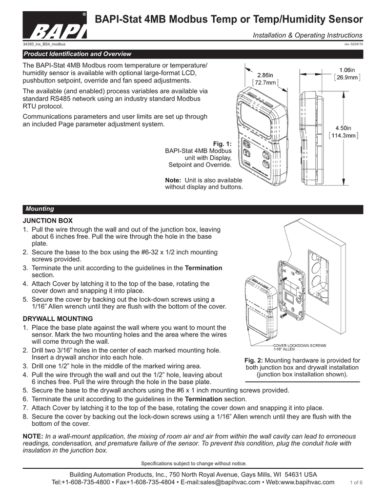 BAPI-Stat 4 X-Combo - Room Temperature and Humidity Sensor - BAPI