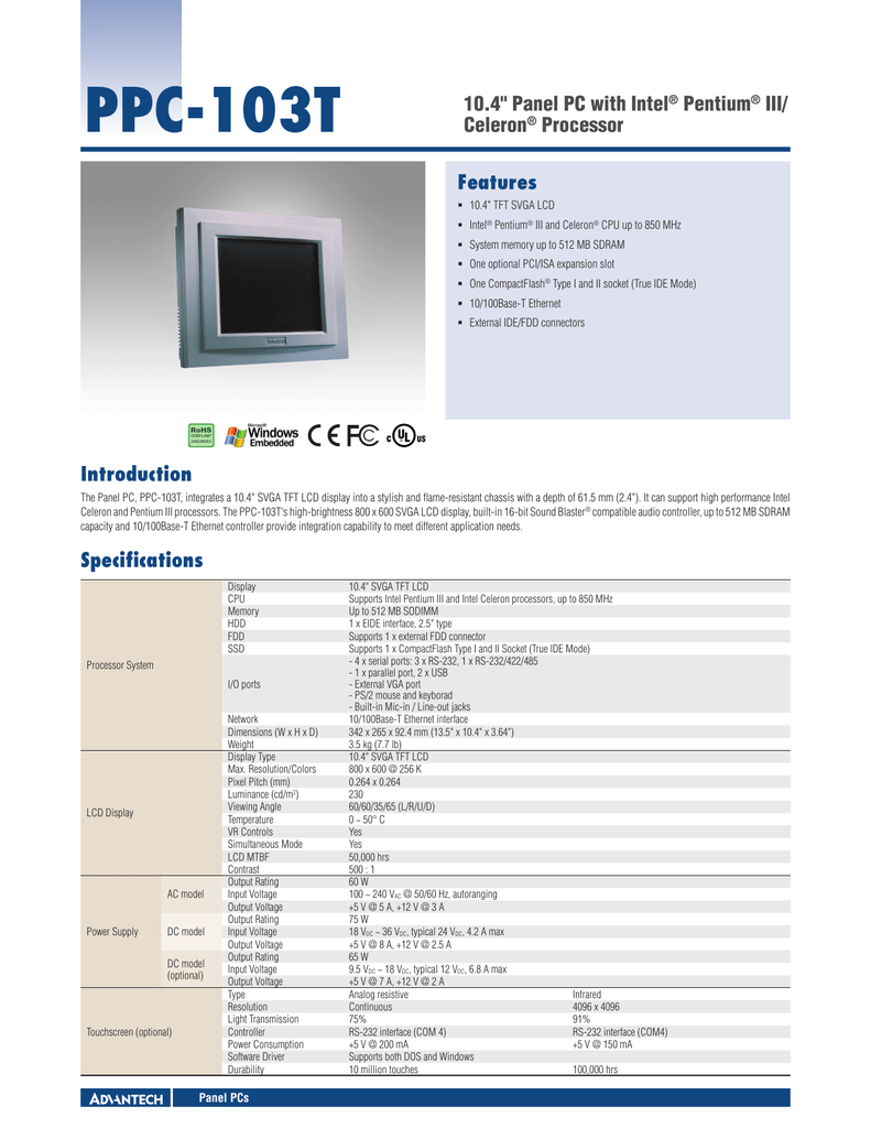 Ppc 103t Features 10 4 34 Panel Pc With Intel Pentium Manualzz