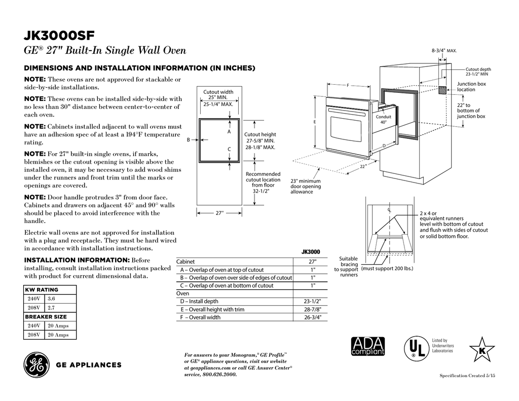 JK3000sf GE 27" BuiltIn Single Wall Oven Dimensions anD installation