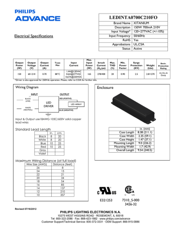 150W 0.53A Advance LED-INTA-0530C-280-DO Xitanium 0-10V Dimmable LED Driver 120-280-VDC