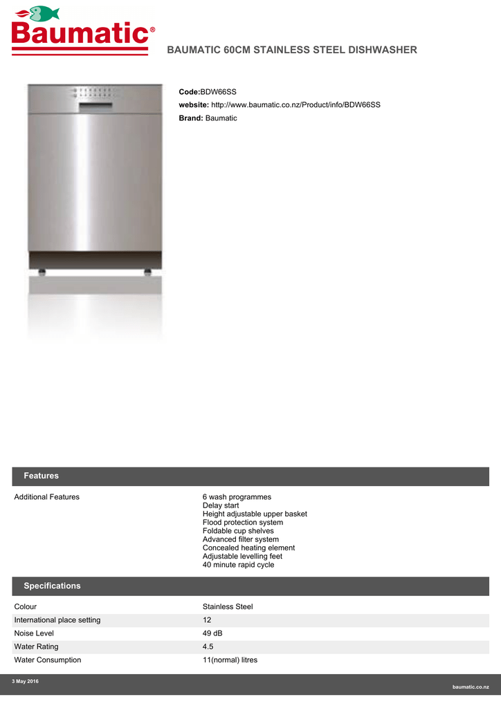 Baumatic 60cm Stainless Steel Dishwasher Features Manualzz Com