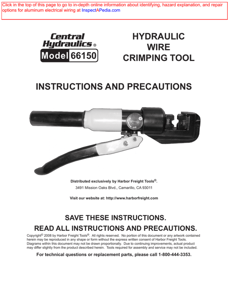 Harbor Freight Hydraulic Wire Crimping Tool Model 66150 instruction