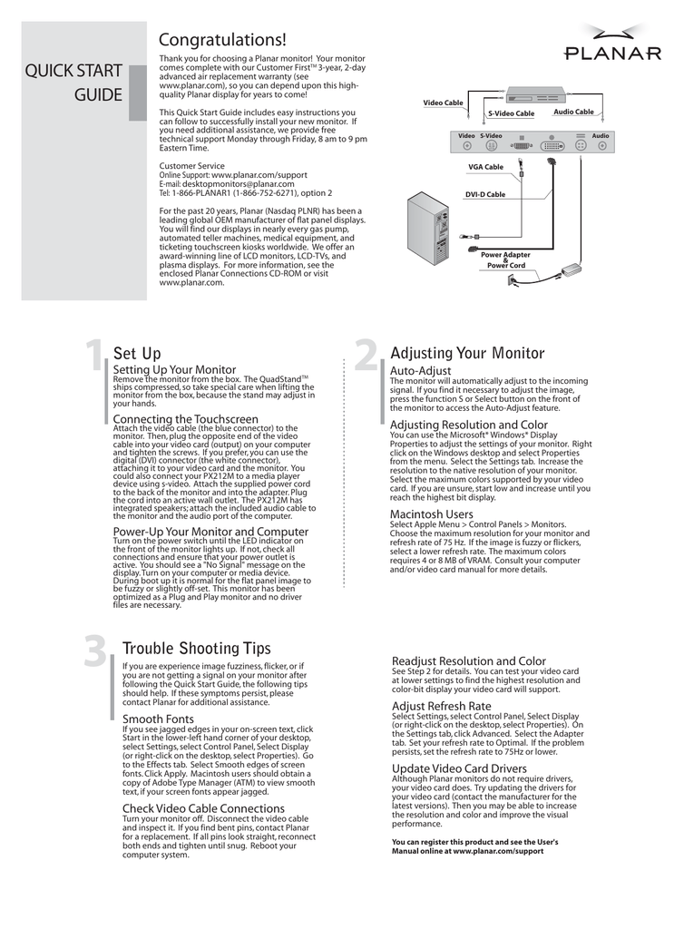 Planar PX212M Quick Start Guide | Manualzz