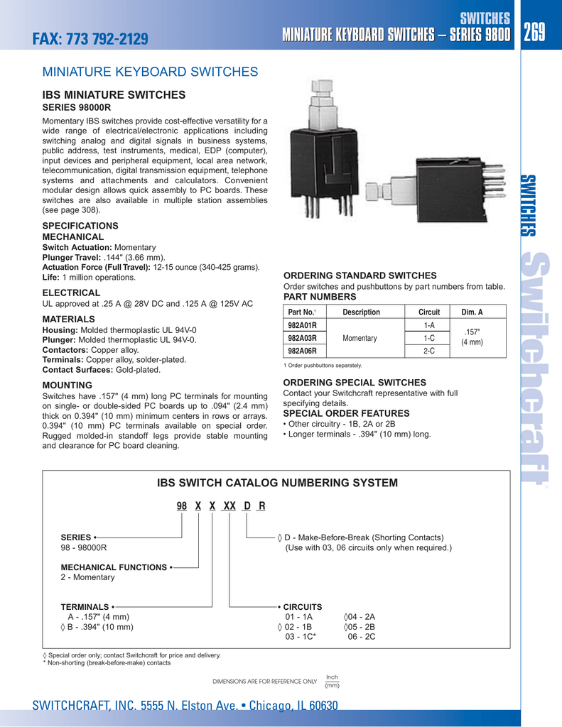 269 Fax 773 792 2129 Miniature Keyboard Switches Series