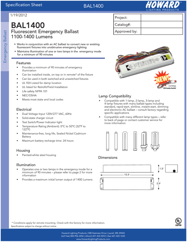 BAL1400 Fluorescent Emergency Ballast 11001400 Lumens Specification