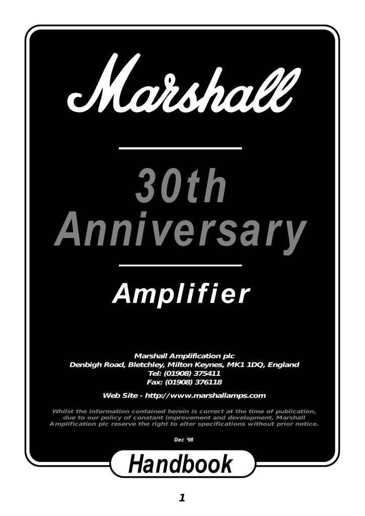 Marshall Amplification 30th Anniversary 6960A Handbook | Manualzz