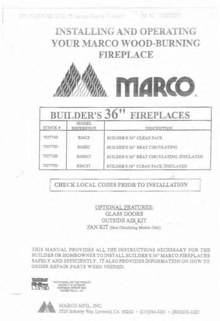 marco fireplace owners manual