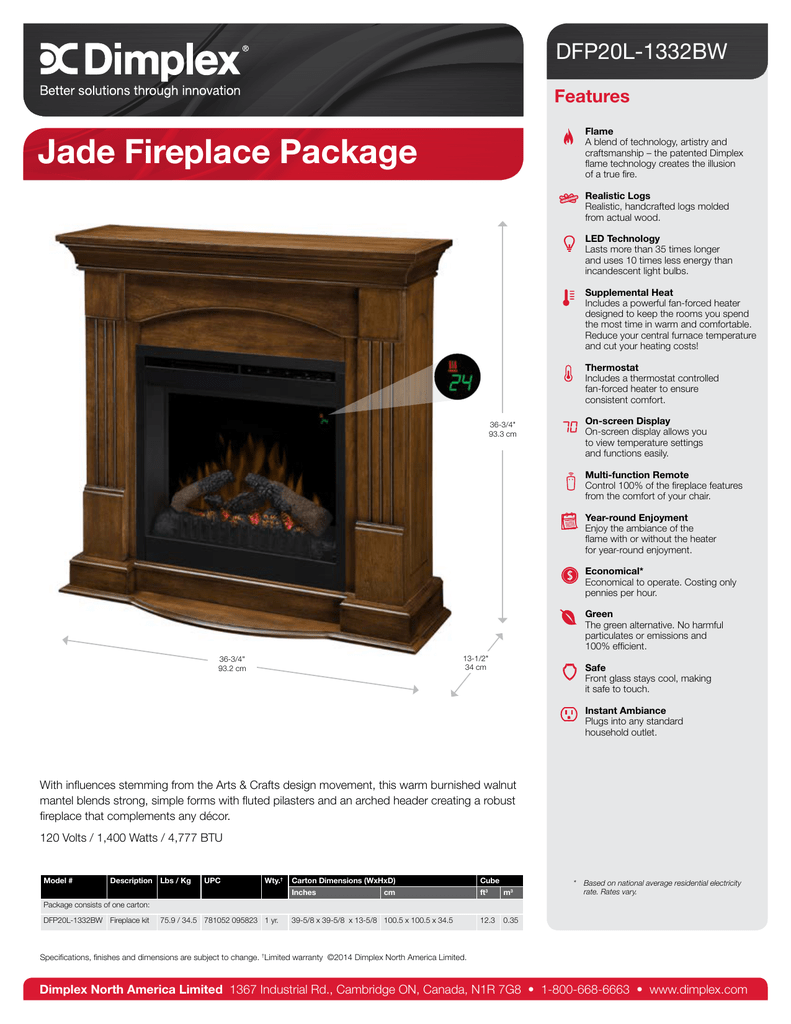 Dfp20l 1332bw Jade Electric Fireplace Sell Sheet Manualzz Com