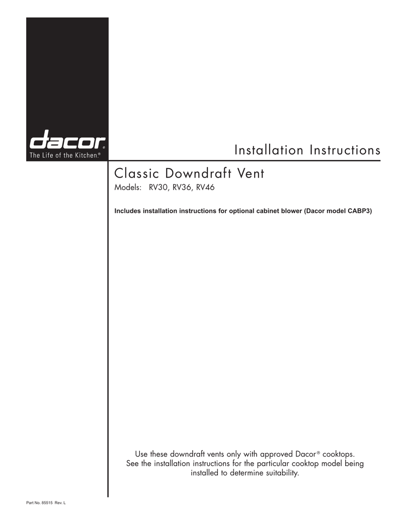 Installation Instructions Classic Downdraft Vent Manualzz