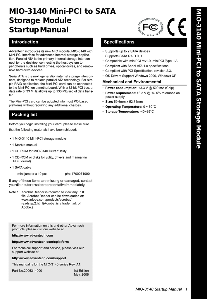 Mio 3140 Mini Pci To Sata Storage Module Startup Manual Manualzz