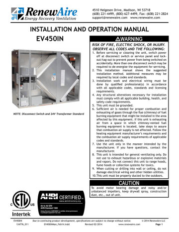 RenewAire EV450IN Installation And Operation Manual | Manualzz