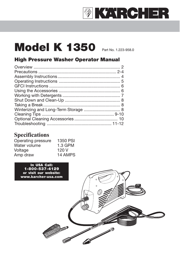 Model K 1350 High Pressure Washer Operator Manual Manualzz
