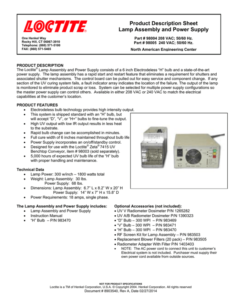 Product Description Sheet Lamp Assembly And Power Supply Manualzz