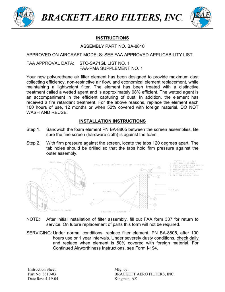 Brackett Air Filter Chart