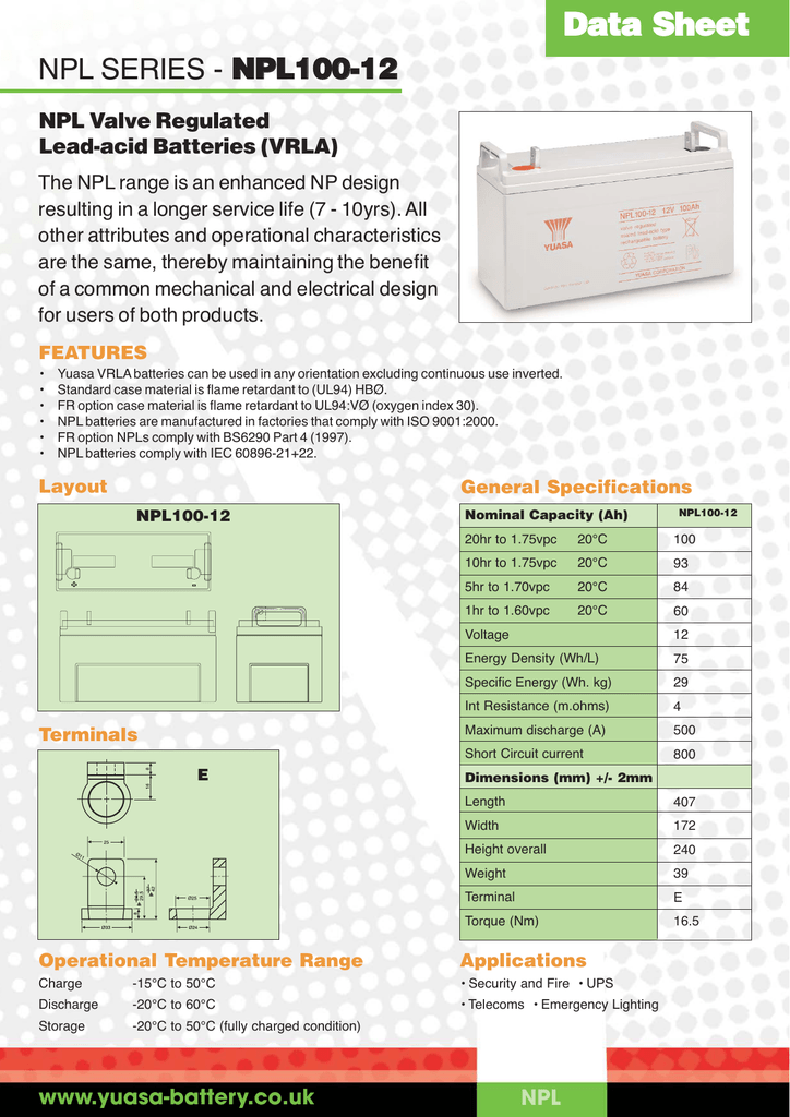 NPL100-12 - NPL - VRLA - General Use - Industrial - Batteries