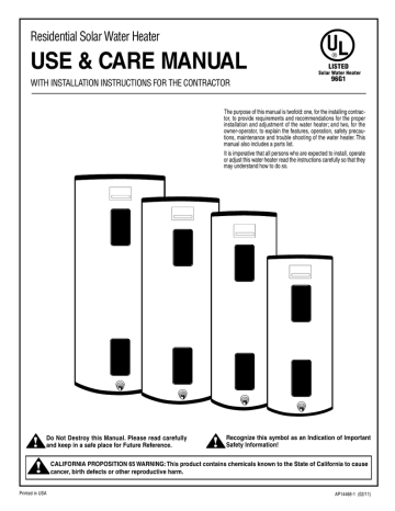 Rheem 81VR80U-T Solar Water Heater Use and Care Manual | Manualzz