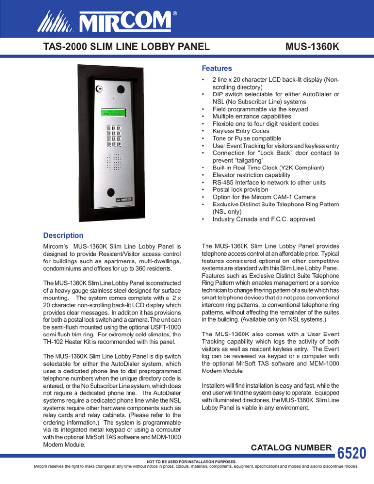 TAS-2000 SLIM LINE LOBBY PANEL MUS-1360K Features | Manualzz