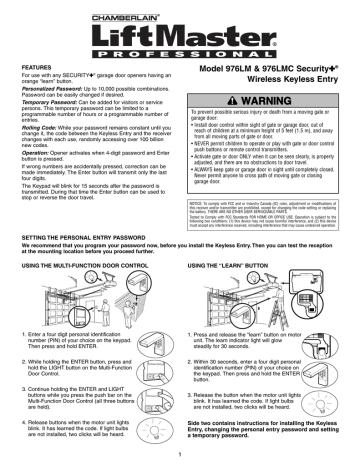 Liftmaster 976lm Security Garage Door Opener Keypad Instructions ...