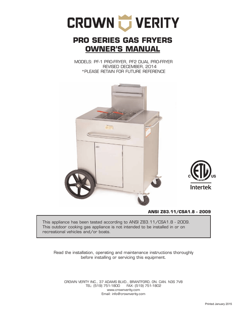 CROWN VERITY PF2 DUAL PROFRYER Owner's Manual Manualzz