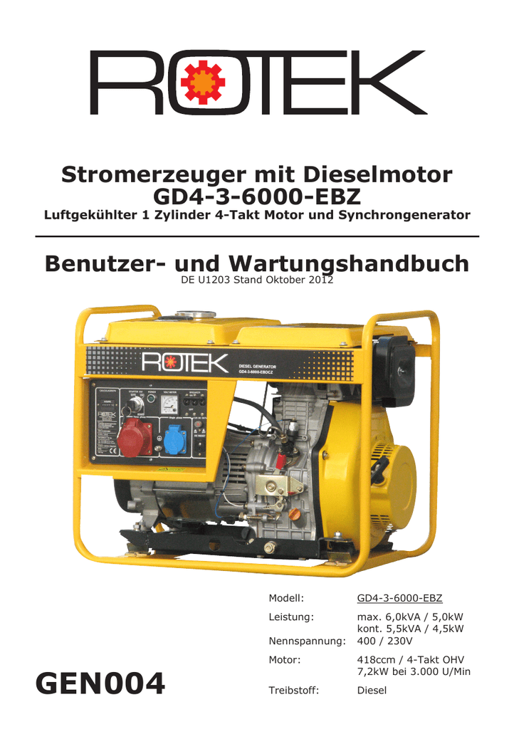 Rotek Diesel Stromerzeuger GD4-3-6000-EBZ 6,0 kVA // 5,0kW 400V 50Hz 3-phasig