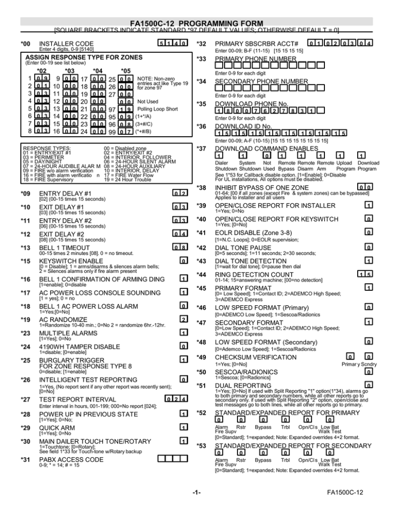 FA1500C Program Sheet | Manualzz