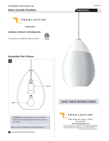 Alina Grande Pendant Assemble The Fixture Save These Instructions Installation For Manualzz - Tech Lighting Pendants Installation Instructions