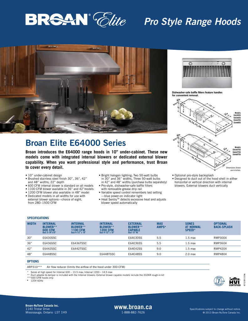 Pro Style Range Hoods Broan Elite E64000 Series Manualzz