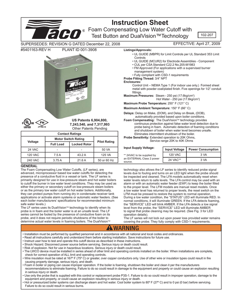 Instruction Sheet Foam Compensating Low Water Cutoff With Test