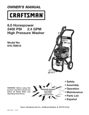 Craftsman 919769010 Pressure Washer Owner's Manual 