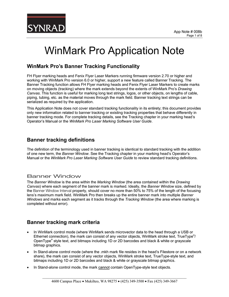 Winmark Pro Application Note 8 Winmark Pro V6 S Banner Tracking