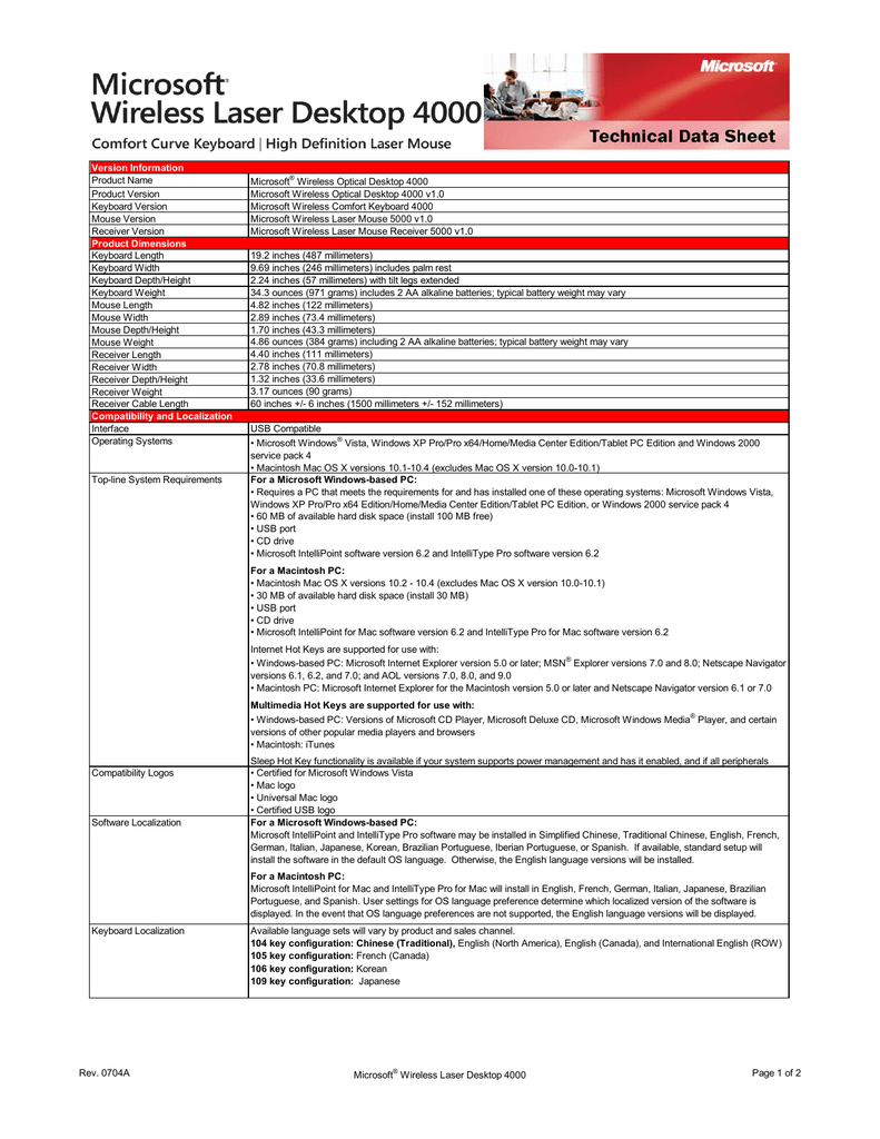 Version Information Product Name Microsoft Wireless Optical