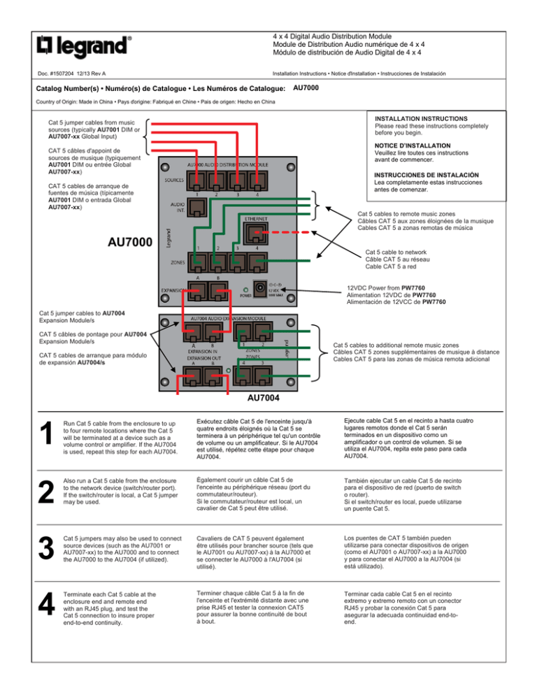 OnQ/Legrand AU7000 4 x 4 Digital Audio Distribution Module