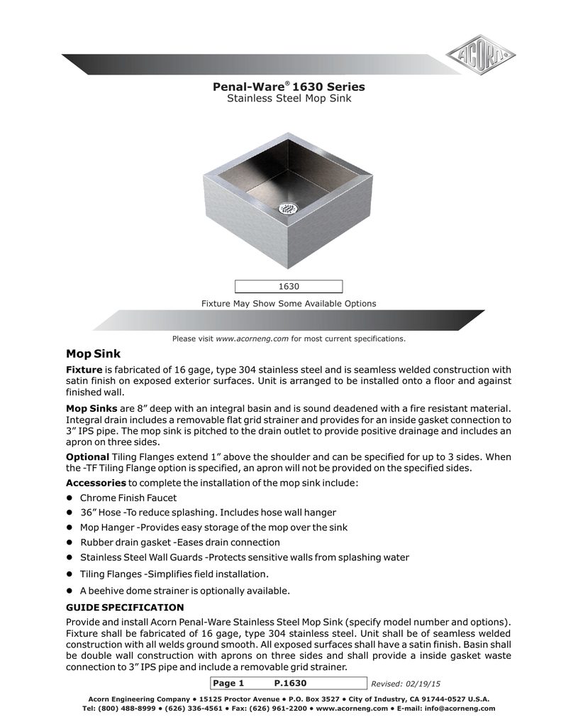 Submittal 1630 Mop Sink Manualzz Com