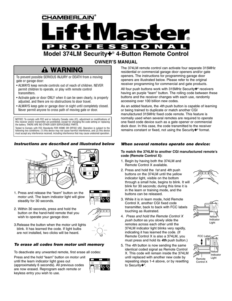 Liftmaster 374lm 315mhz Security Remote 2005 To Present