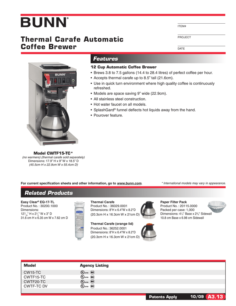 BUNN CWTF15-TC Specifications here 