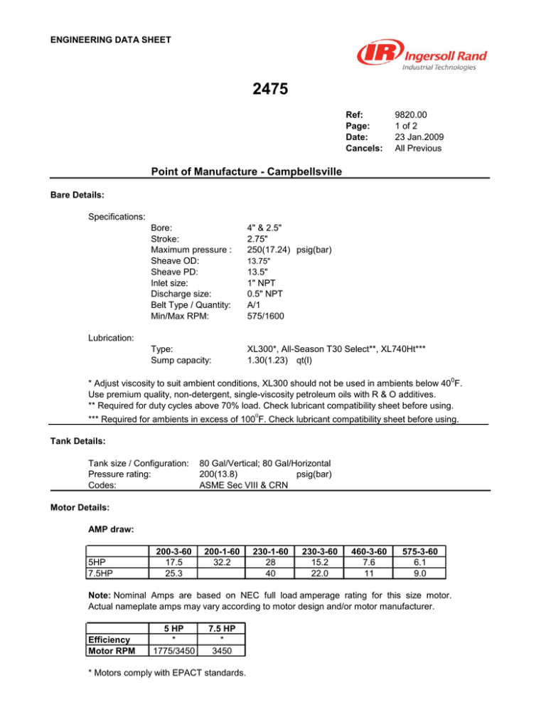 Ingersoll Rand 2475 Spec Datasheet Manualzz