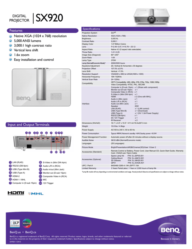 Benq Sx920 Spec Sheet Manualzz