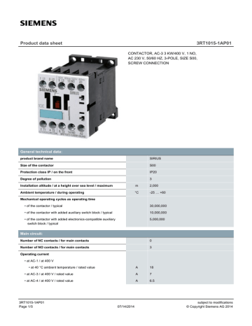 Product data sheet 3RT1015-1AP01 CONTACTOR, AC-3 3 KW/400 V, 1 NO, | Manualzz