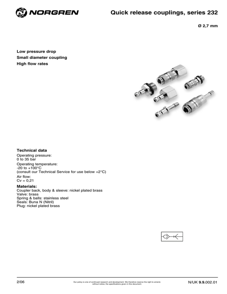 Quick Release Couplings Series 232 O 2 7 Mm Low Pressure Drop Manualzz