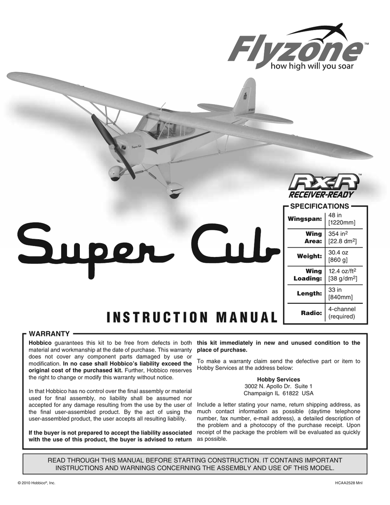 Flyzone FLZA4014 Piper Super Cub Select Scale RxR Product Manual