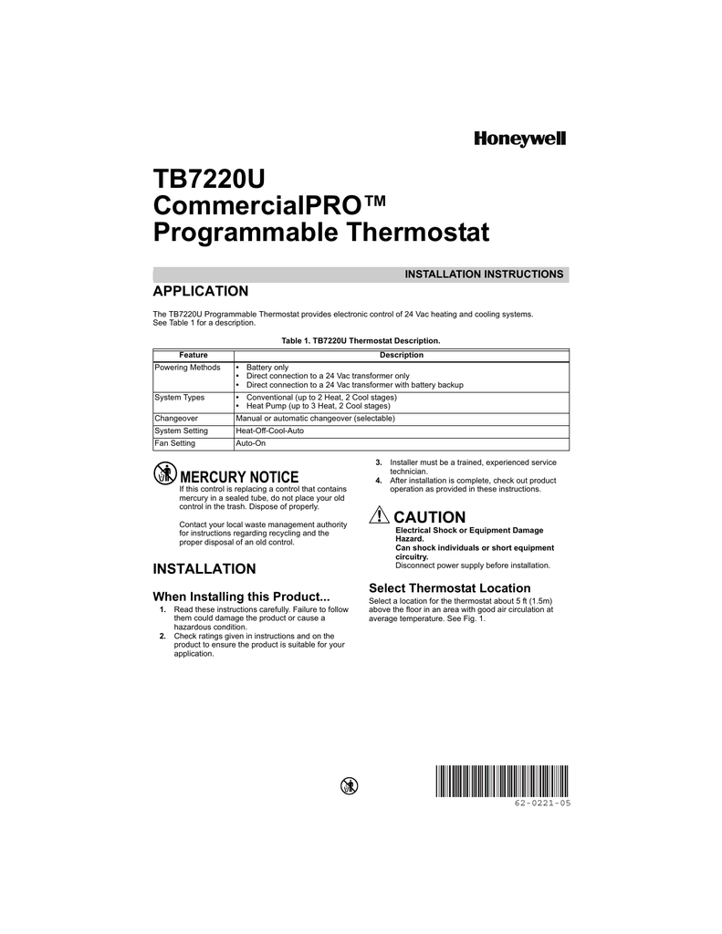 HONEYWELL_THERMOSTAT_TB7220_INSTALL Manualzz