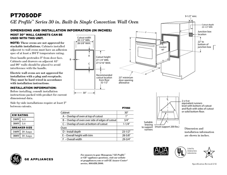 Pt7050Df GE Profile Series 30 in. BuiltIn Single Convection Wall Oven Manualzz